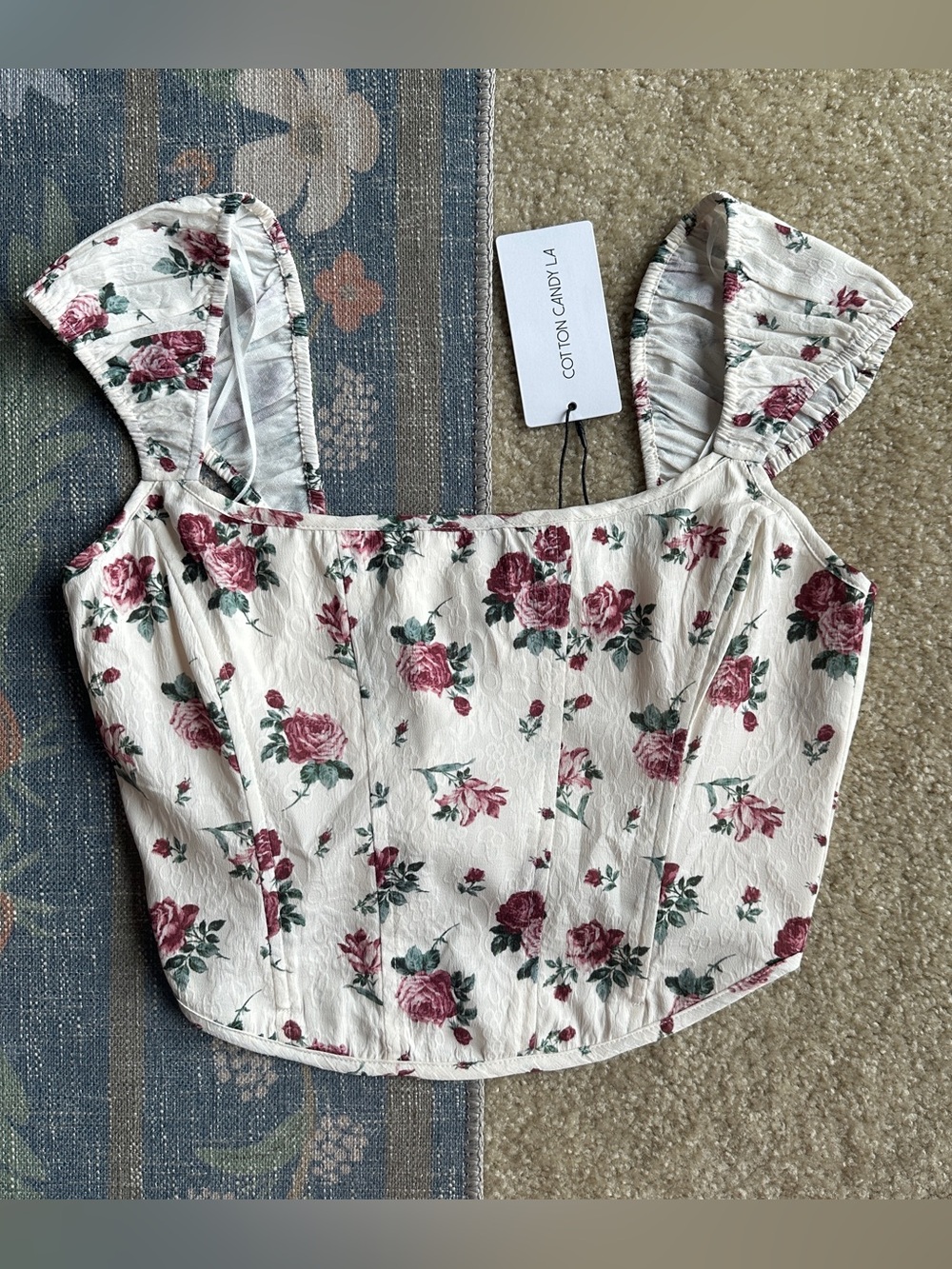 Cotton Candy LA White Floral Corset Camisole with Rose Print